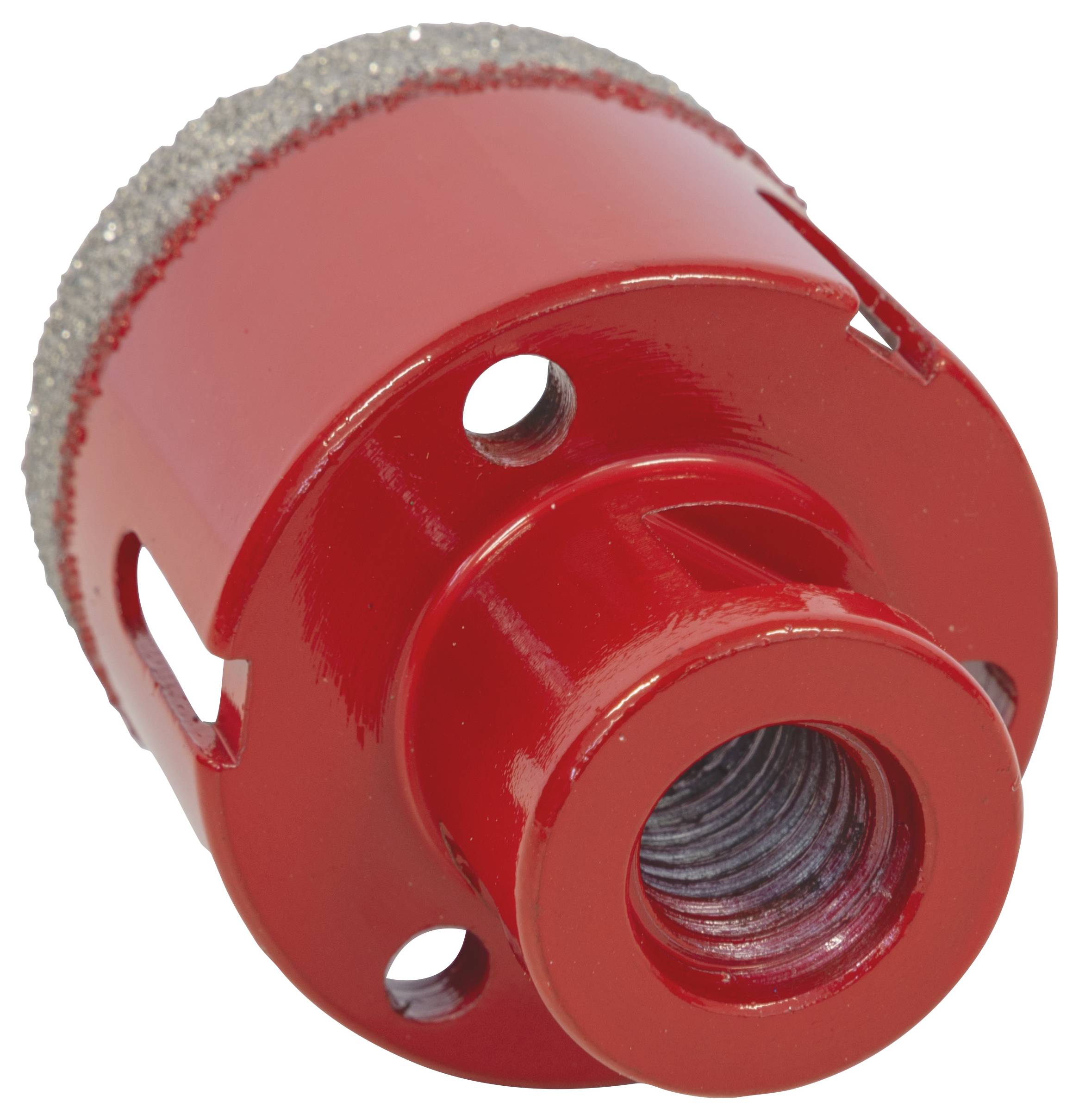 A red drill bit with a cylindrical shape and rough edges, featuring multiple round holes around the base for cutting or drilling purposes.
