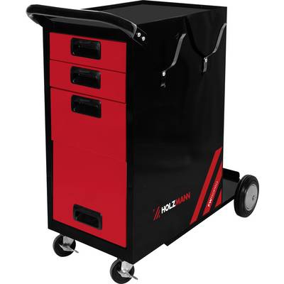 A black and red rolling tool cabinet with three drawers and two wheels, designed for organized tool storage and mobility.