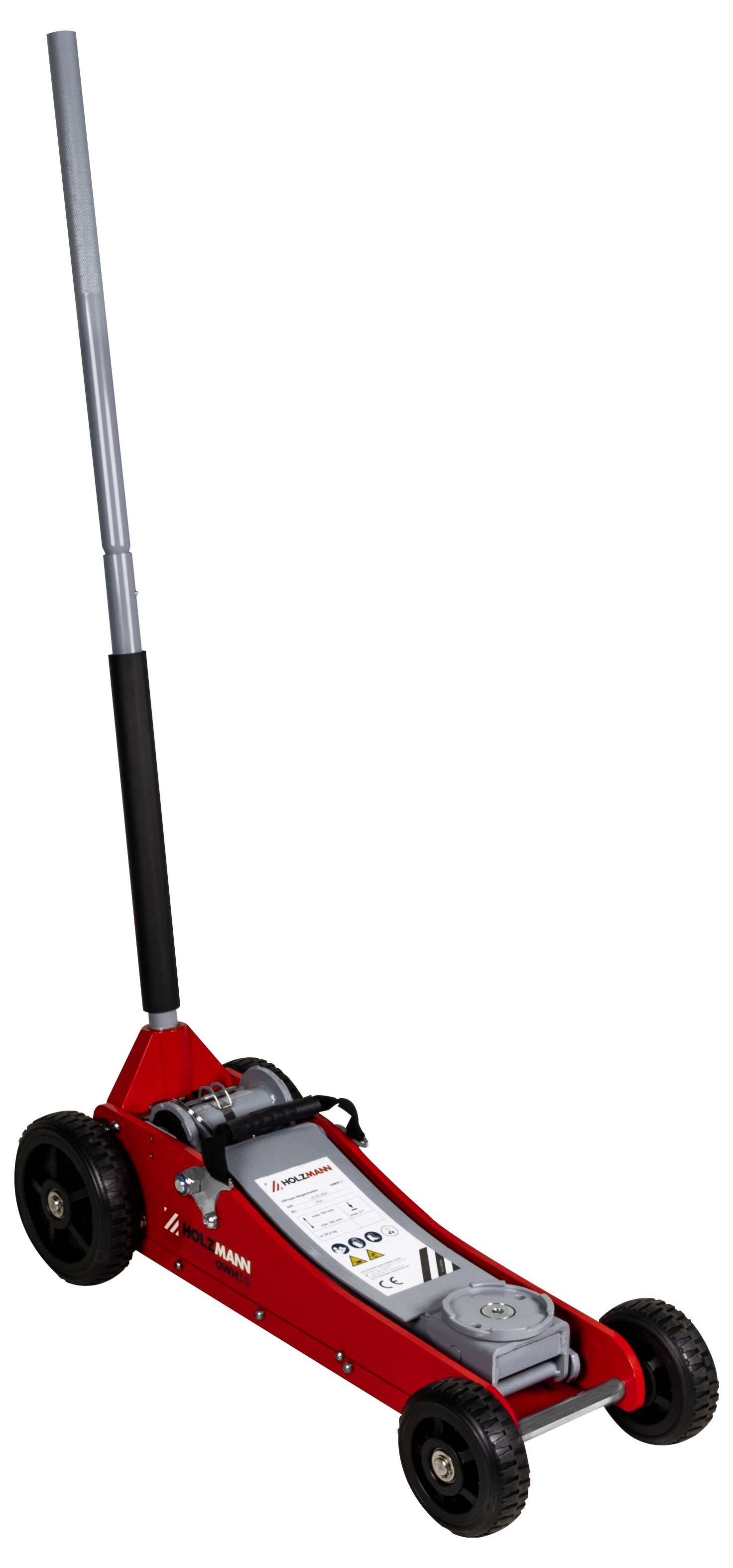 A red hydraulic floor jack on wheels with a long handle is positioned upright, used for lifting vehicles for maintenance or repairs.