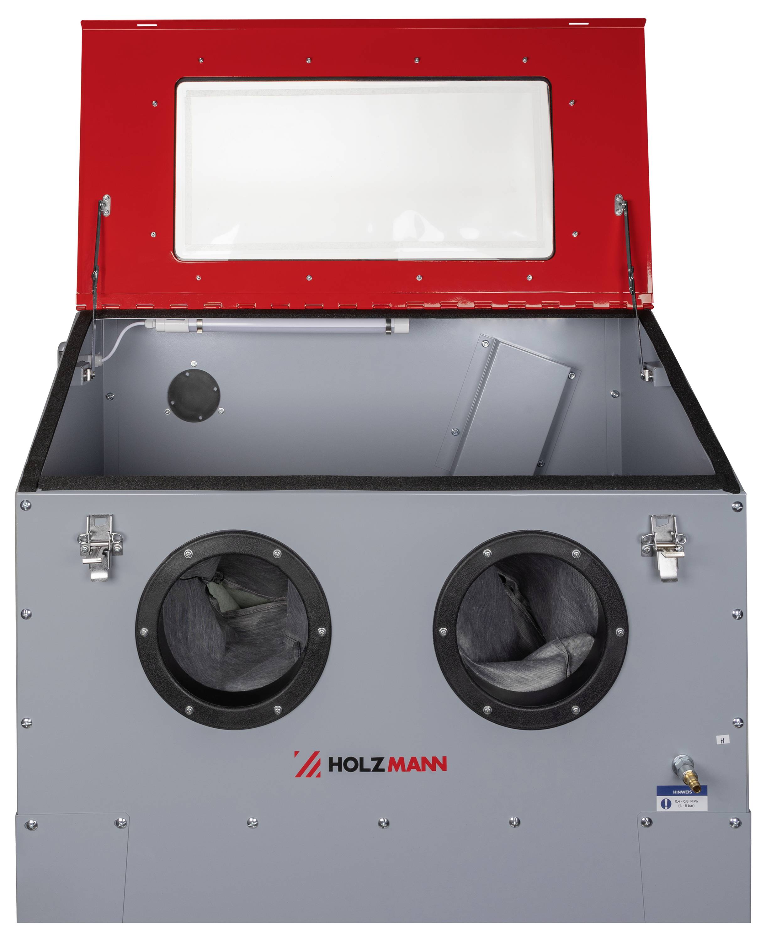A sandblasting cabinet with a red lid open, showing two built-in gloves for handling items inside. The brand 'Holzmann' is visible on the front.