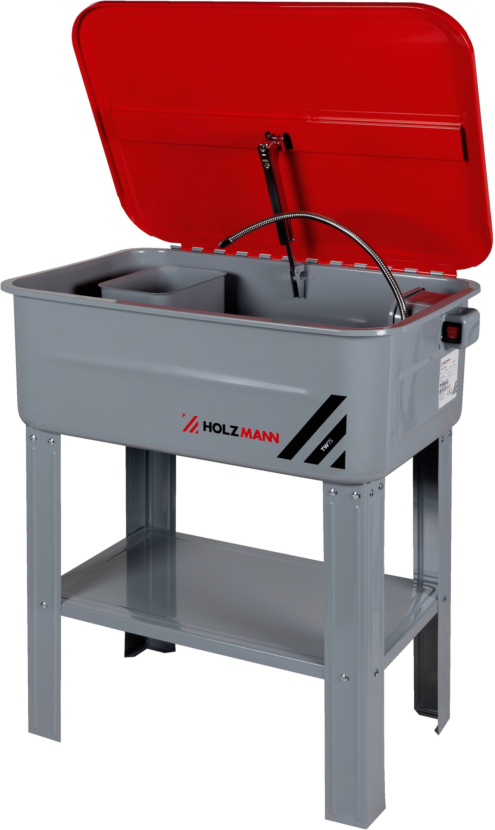 A gray industrial parts washer with a red open lid. The machine has 'HOLZMANN' branding on the side and stands on a metal frame.