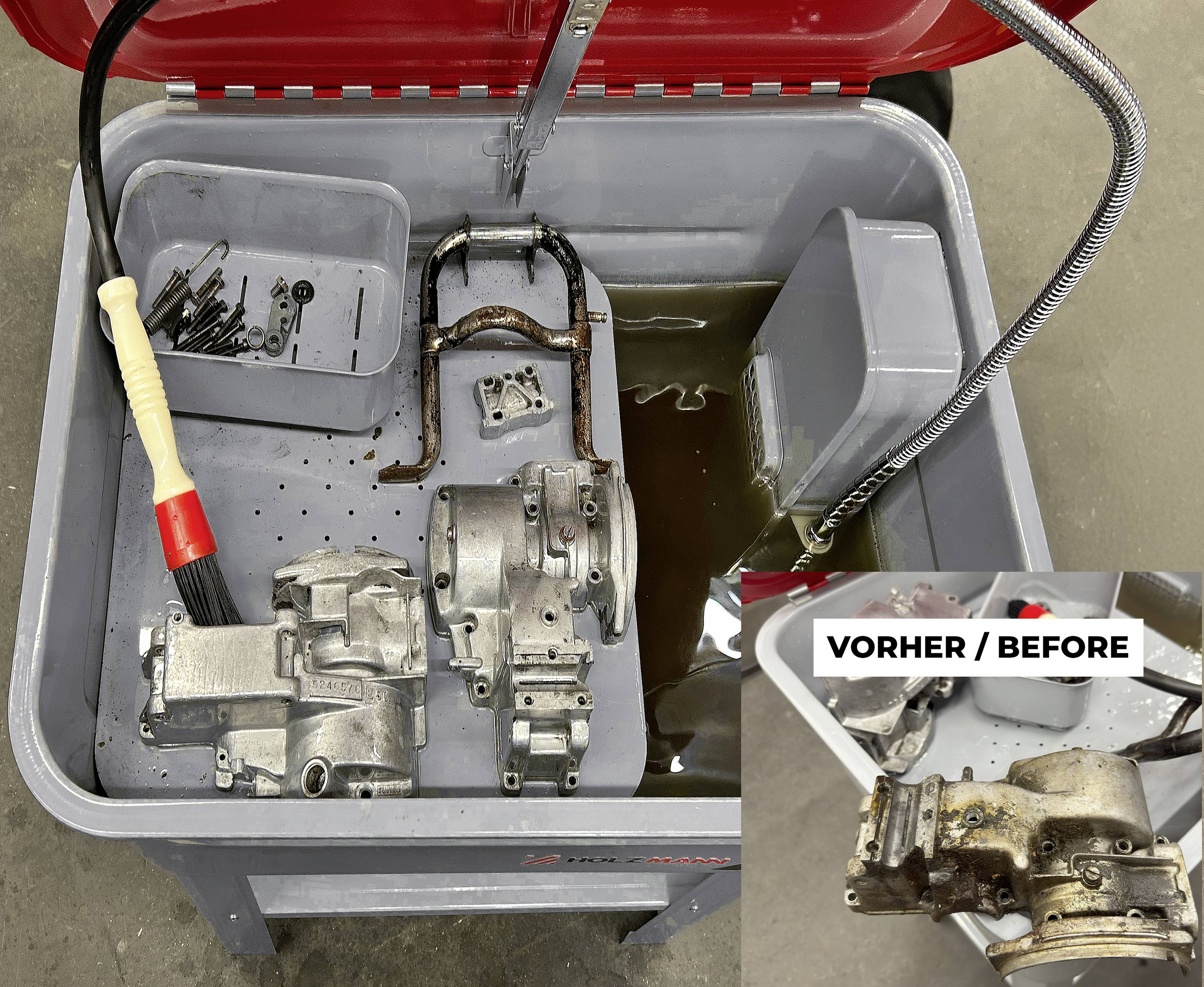 'Before and after' comparison of motor parts cleaning. Parts on the left are placed in a grey cleaning machine, showing before cleaning.