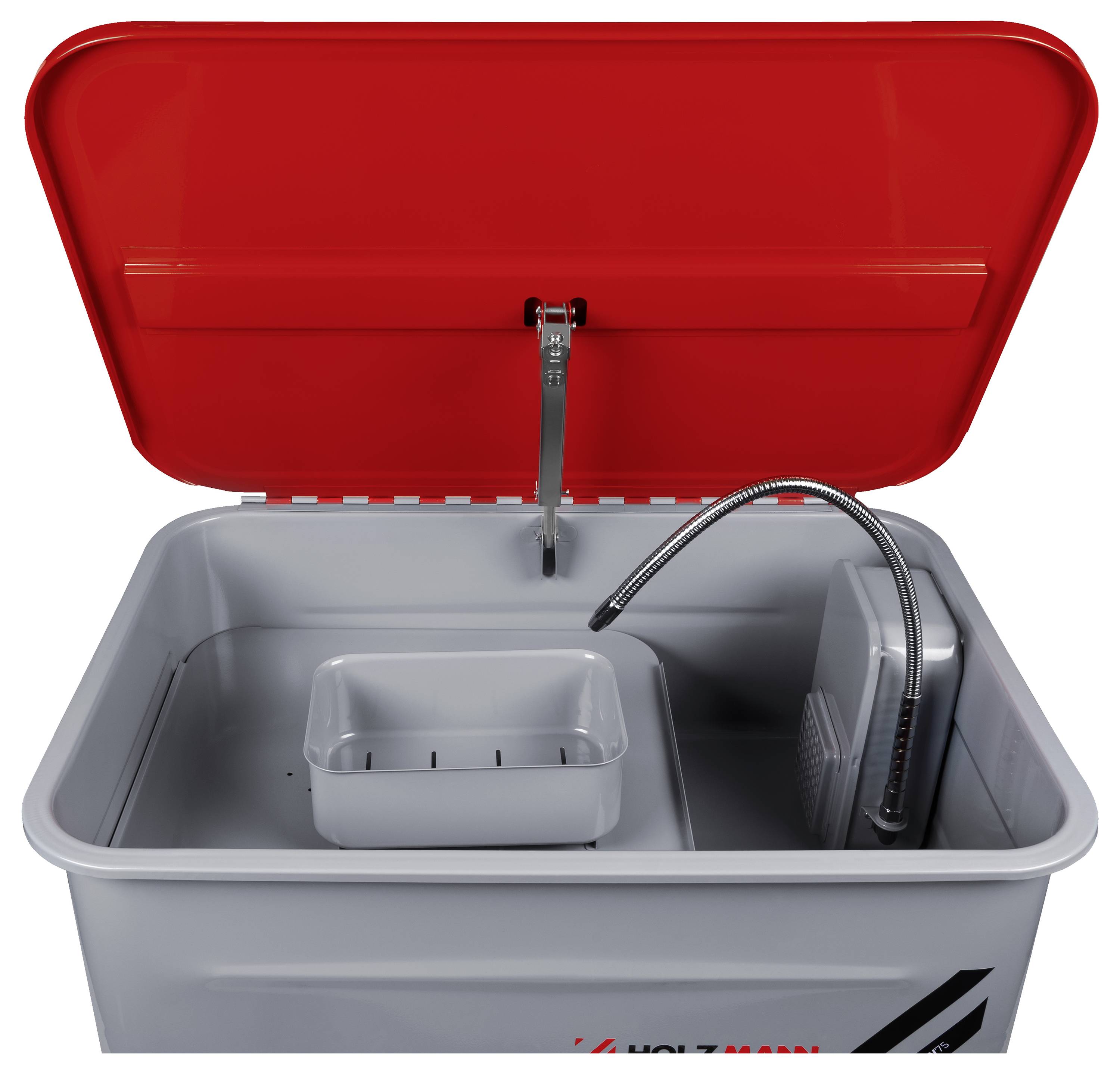 A red-lidded parts washer with a grey basin and a flex nozzle for cleaning tools and machine parts.