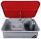 A red-lidded parts washer with a grey basin and a flex nozzle for cleaning tools and machine parts.
