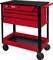 A red and black rolling tool cart with three drawers, a flat top surface, and an open lower shelf, featuring four wheels for mobility.