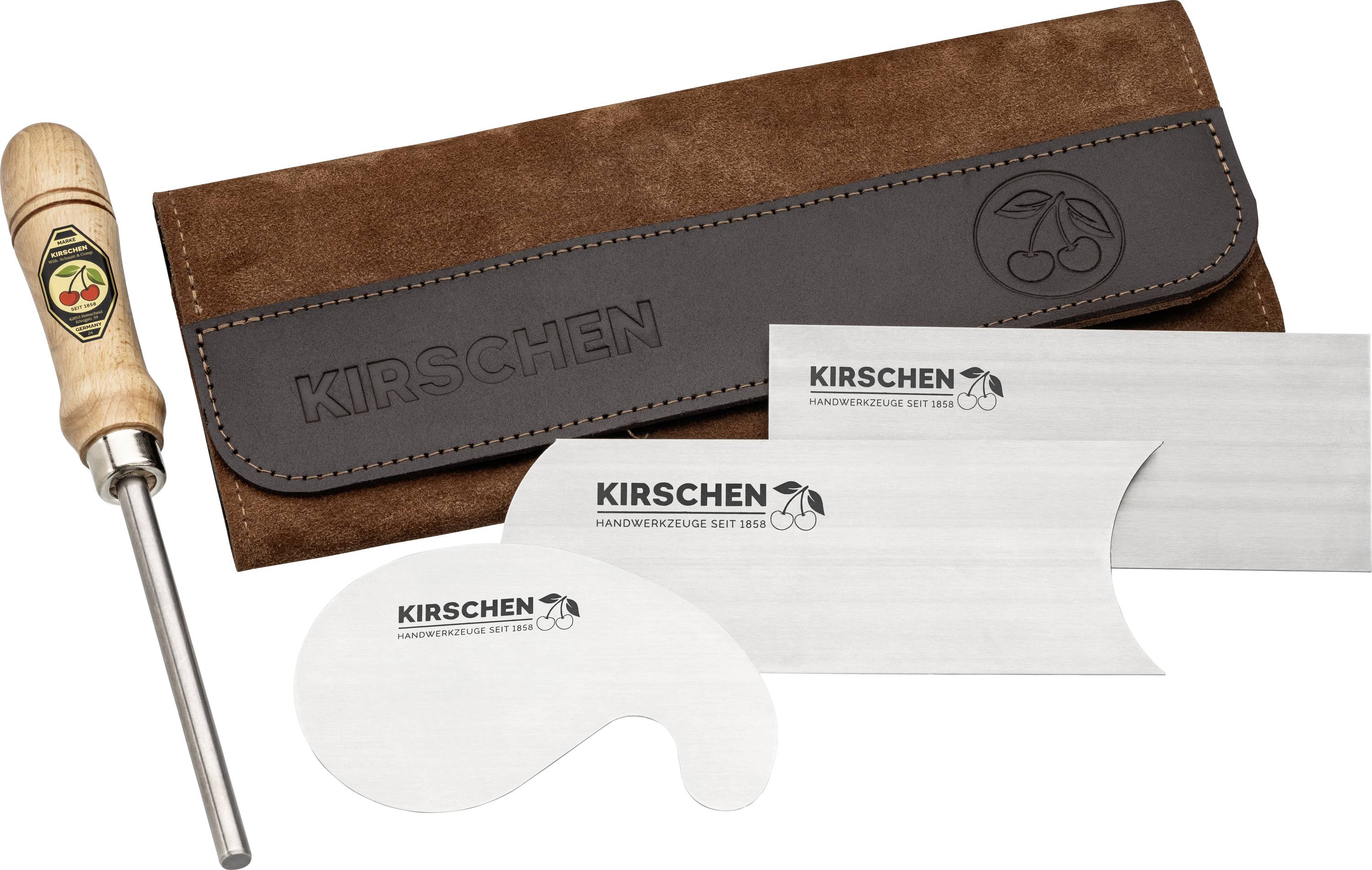 Woodworking tool set with chisel, two scrapers, and leather case embossed with 'Kirschen'.