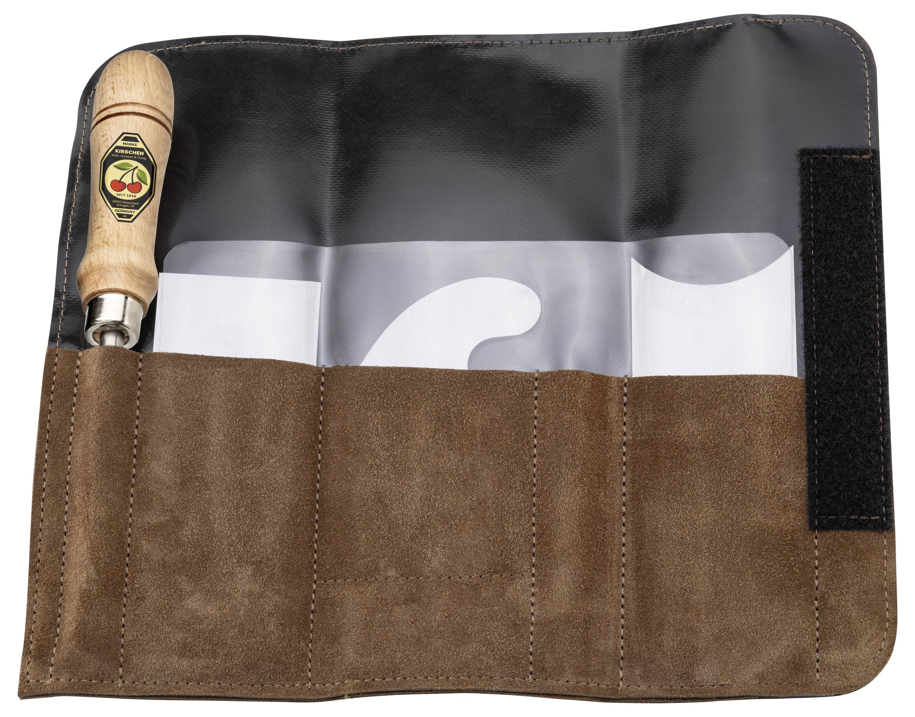 A leather tool roll with a wooden handle tool partially visible in one pocket. The roll has multiple compartments for organizing tools.
