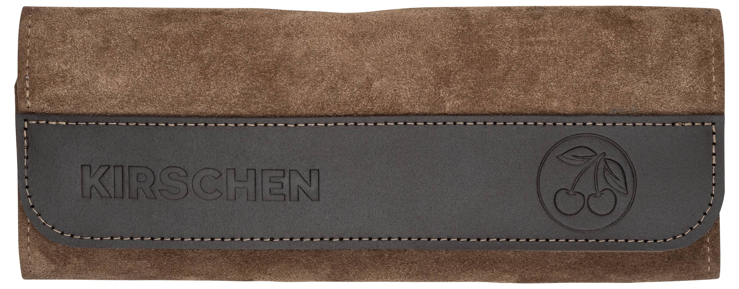 A brown suede tool roll with a black leather strap embossed with 'KIRSCHEN' and a cherry icon.