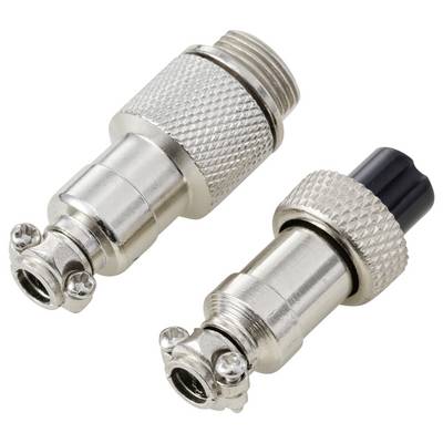 Two disconnected metal connectors with textured grips and screws, one with a black insert, positioned on a white background.