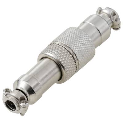 A metallic coaxial RF connector with a knurled grip is designed for firmly securing electrical connections in audio or video equipment.