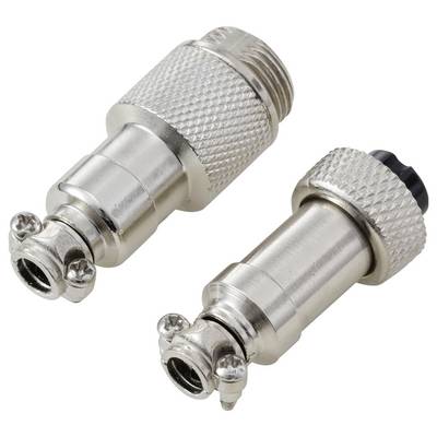 'Two metal connectors with knurled grips and screws, used for securing cables in electronic or mechanical systems.'