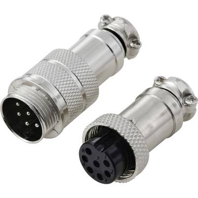 Two metallic electrical connectors, one with male pins and the other with female sockets, designed for secure and detachable connections.