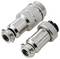 'Two metal coaxial cable connectors with knurled grips, side-by-side, showing different sizes and fittings for electrical connections.'