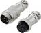 Two metal circular connectors, one male with pins and one female with sockets, side by side, used for electrical connections.