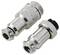 'Two metallic connectors with a knurled grip and locking mechanisms, shown side-by-side, used for secure electrical connections.'