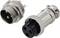 'Circular metal connector plug and socket, three-pin design, suitable for industrial or electronic applications, shown disassembled.'