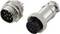 Two metal multi-pin electrical connectors, one plug and one receptacle, positioned side by side on a plain background.