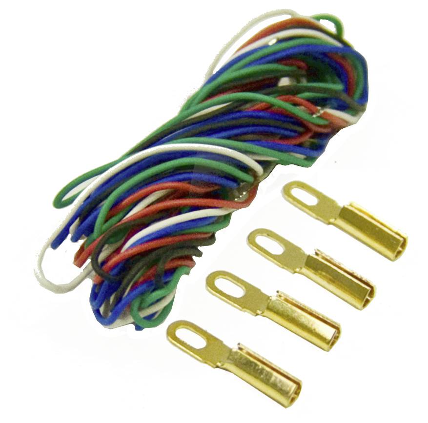 'A bundle of multicolored wires next to four gold-plated lug connectors, used for electrical connections and component assembly.'