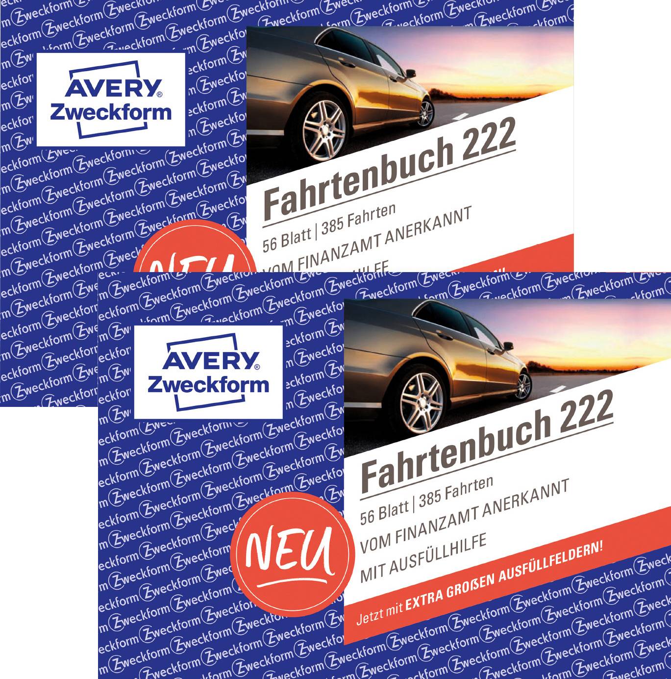 A product image of 'Fahrtenbuch 222' by Avery Zweckform, featuring a car at sunset. Marked as tax office approved with 56 sheets.
