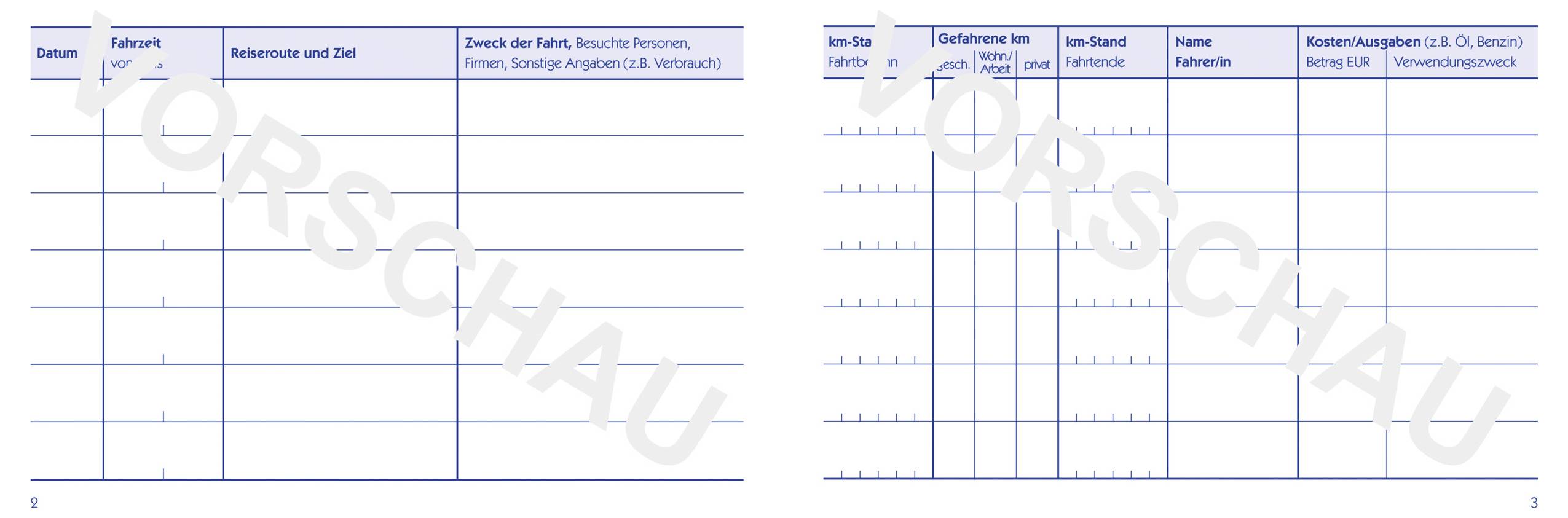 A blank table for documenting travel details, including columns for 'Date', 'Route', 'Purpose', and 'Traveler Information'. 'VORSCHAU' watermark on top.