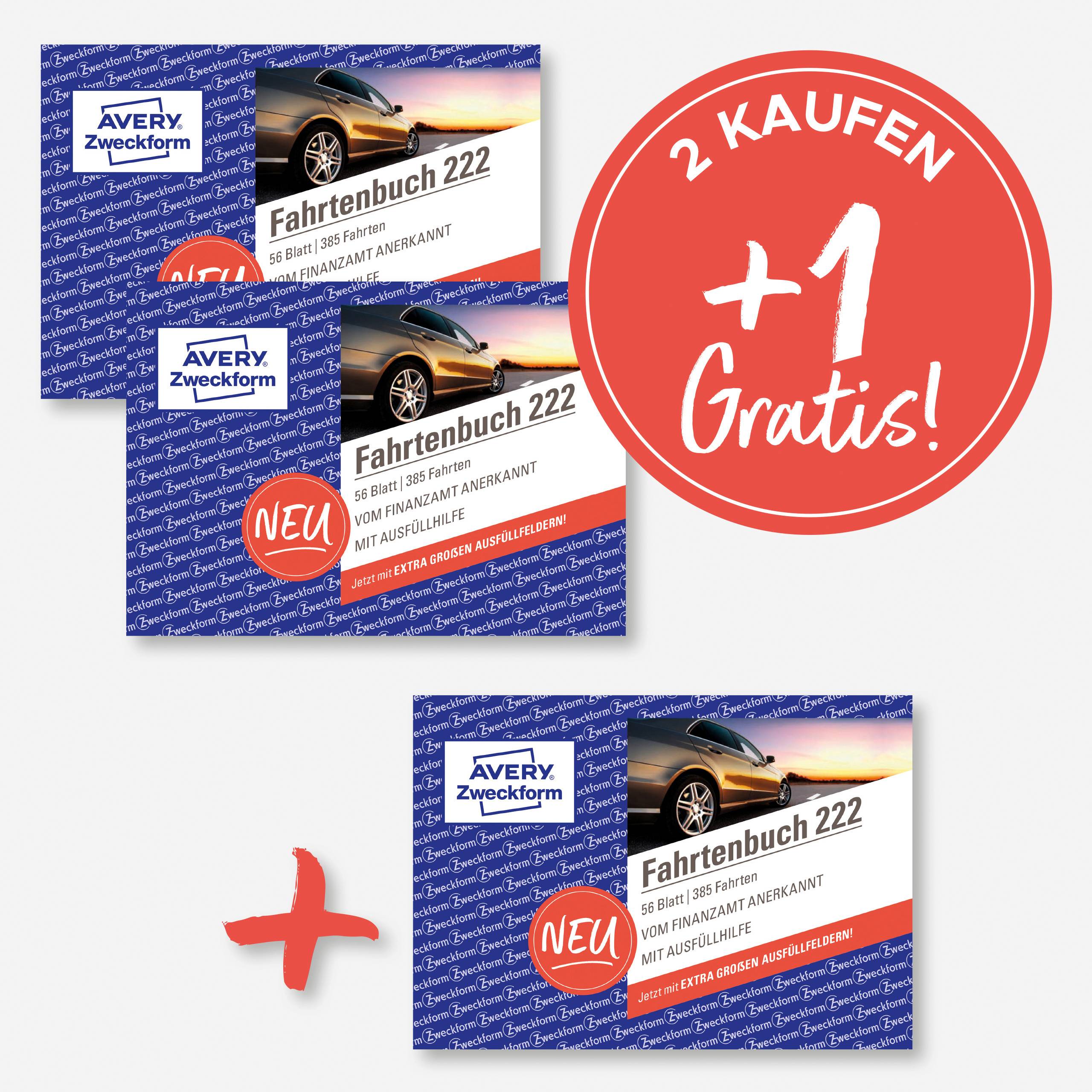 Two 'Avery Zweckform Fahrtenbuch 222' and a plus sign lead to a red circle with '2 kaufen +1 Gratis!' indicating a buy two, get one free offer.