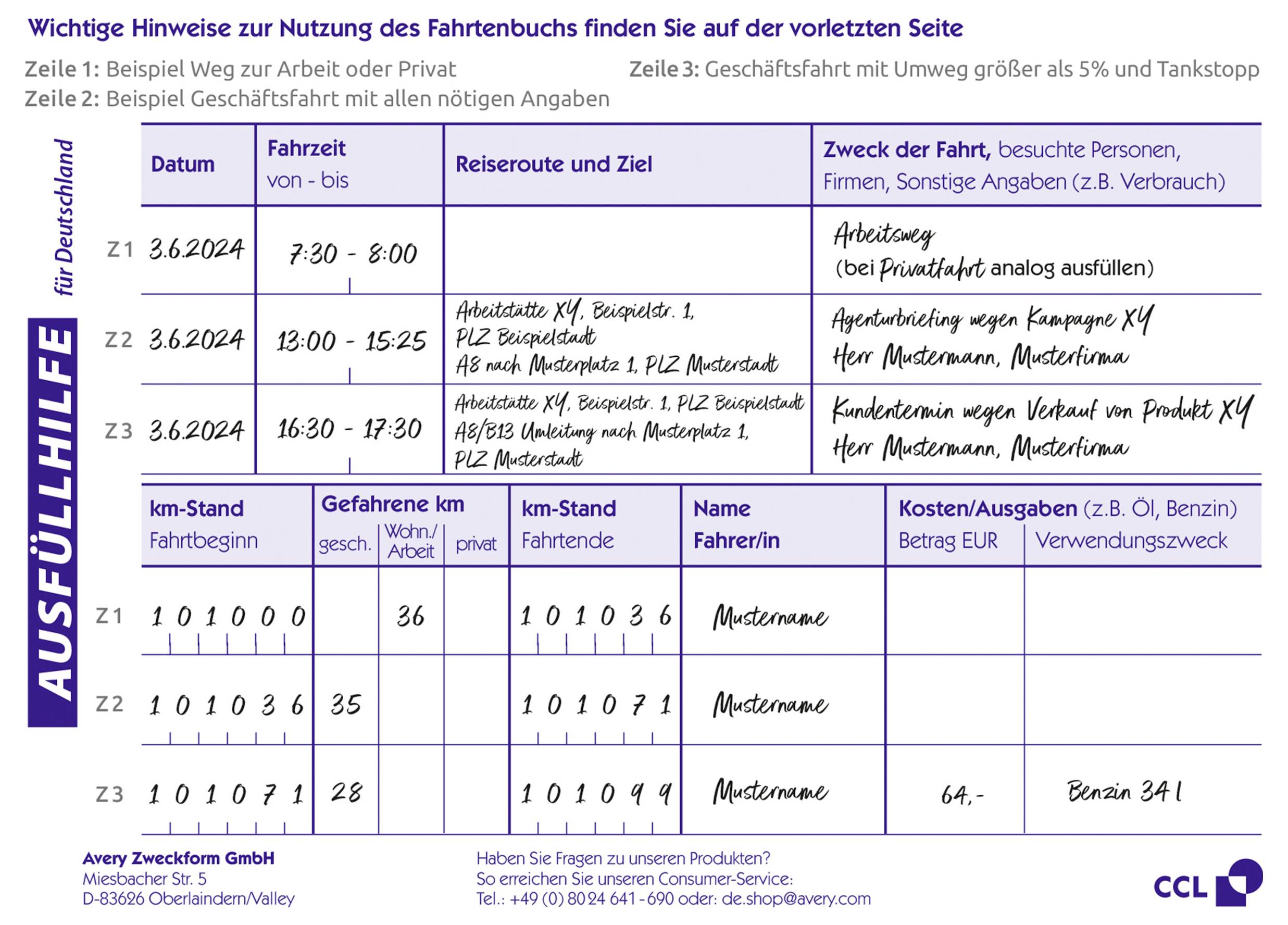 'Fahrtenbuch' table for documenting travel details: Date, purpose, start/end odometer readings, distance covered, and journey reason.