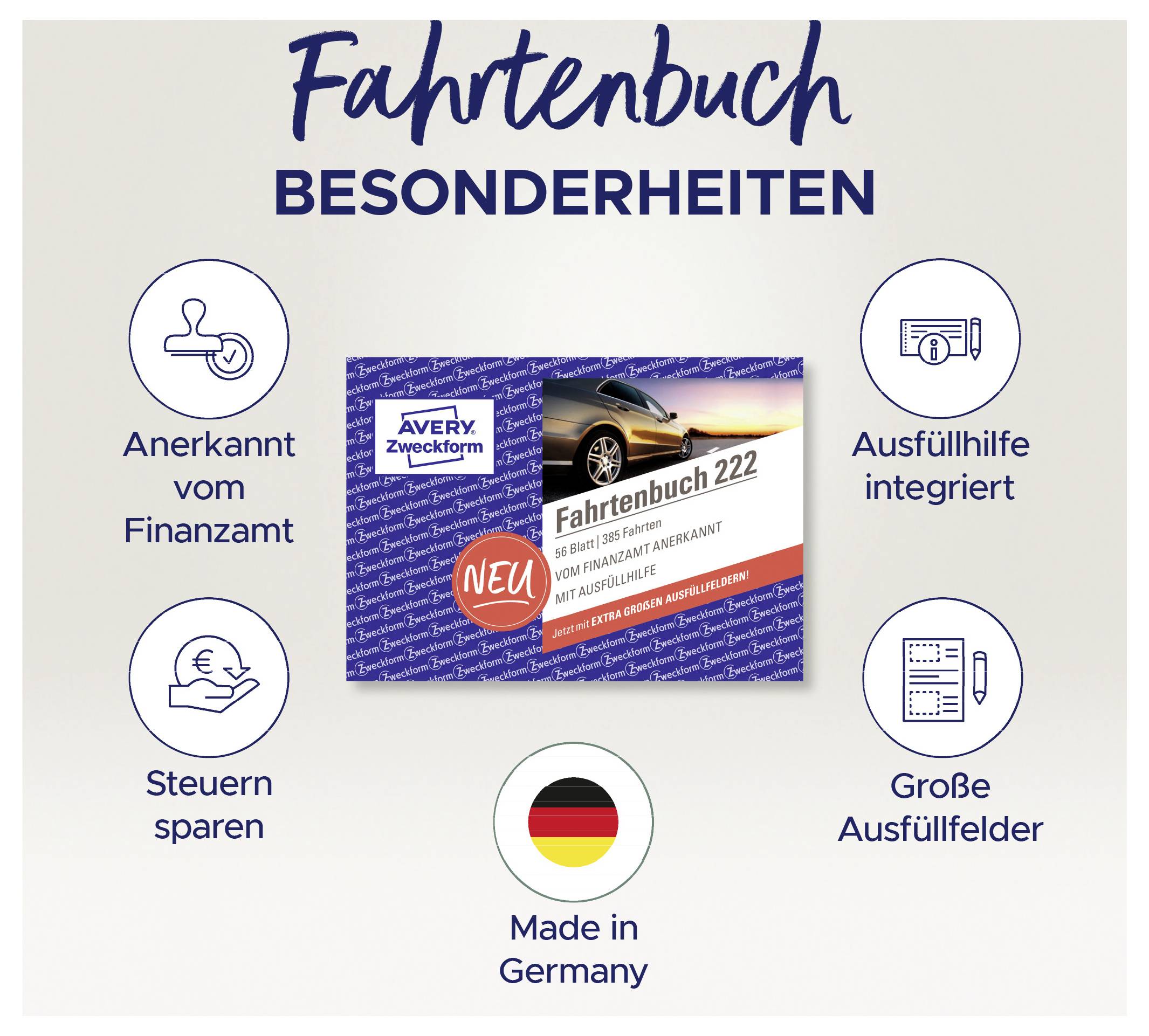 'Fahrtenbuch Besonderheiten' poster highlights features of a book with a car image, labeled 'Fahrtenbuch 222'. Icons show recognized by tax office, saving taxes, writing aid, large fields, and 'Made in Germany'.