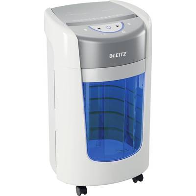 'Leitz' paper shredder, white and gray, with a blue transparent waste container. It features control buttons on top and is on wheels.