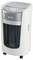 'A white and silver paper shredder with a transparent bin, sleek design, and wheels for mobility, branded LEITZ.'