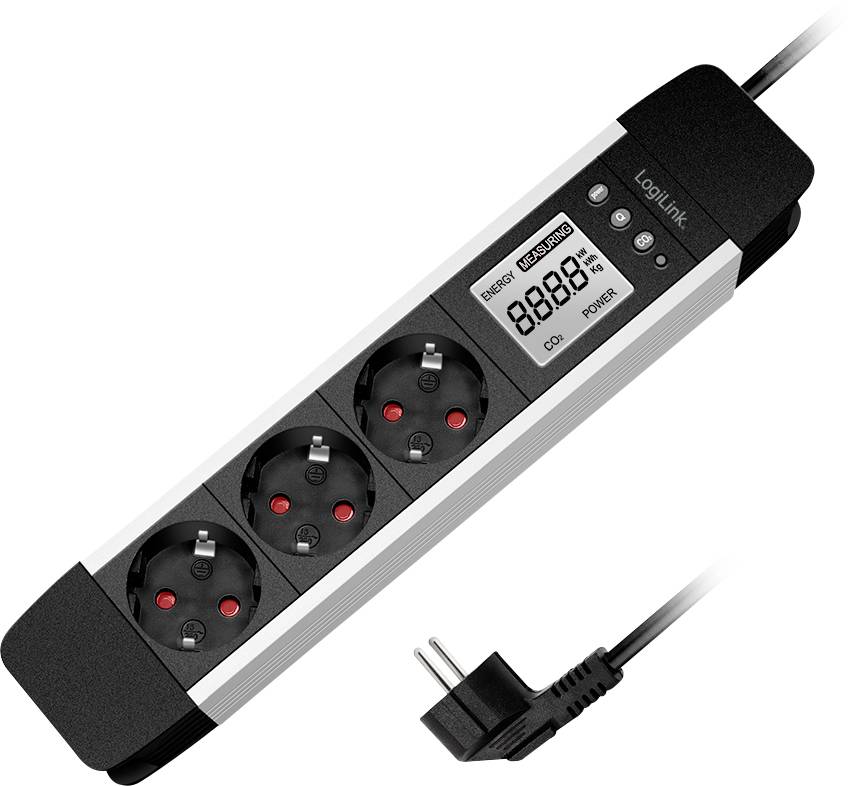 A power strip with three sockets, a digital display showing power usage, and an attached plug with a cable, branded 'LogiLink'.