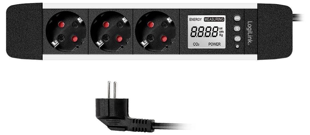 Power strip with three outlets and a digital display showing energy consumption, featuring a European plug to the side.