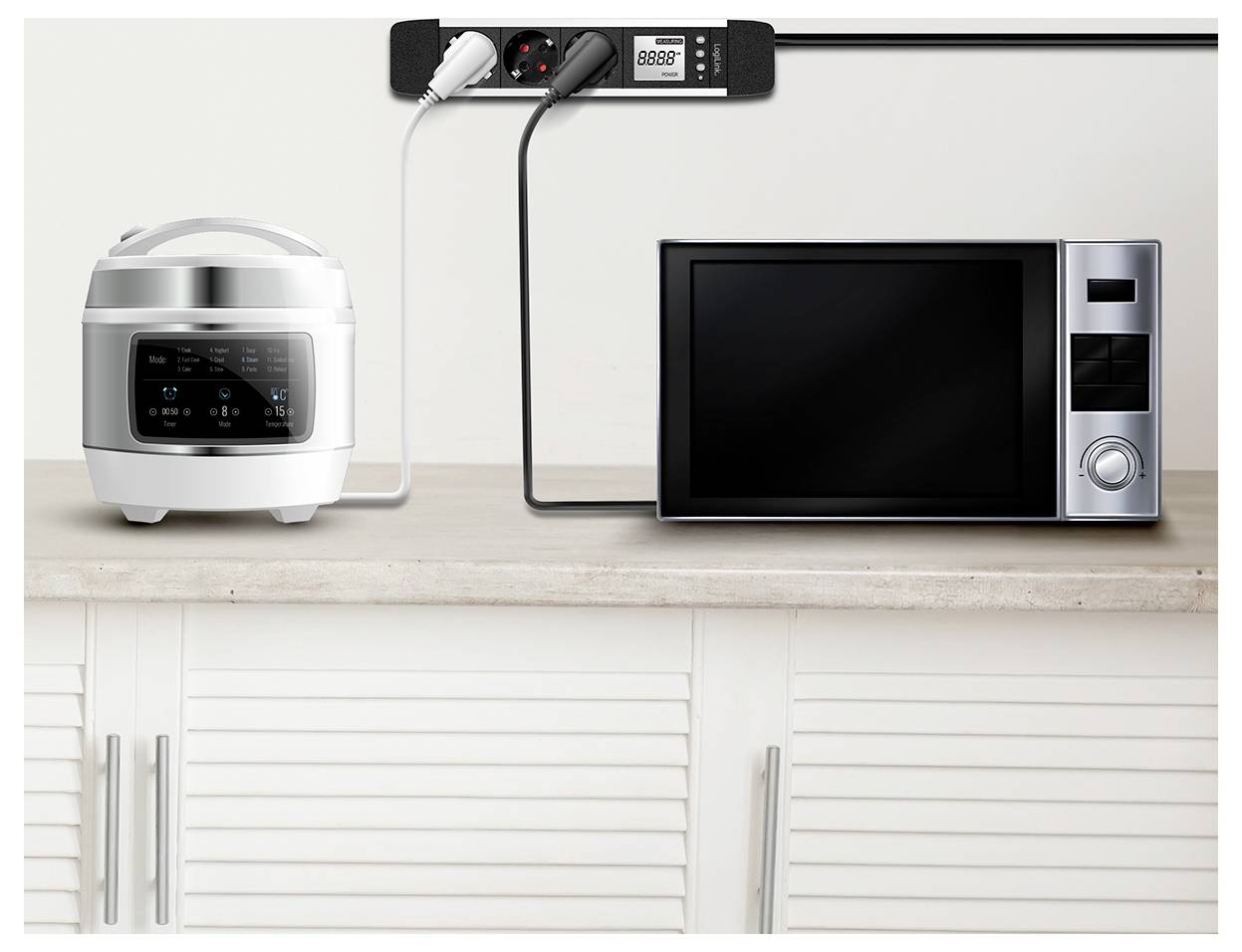 A microwave and multi-cooker plugged into a power strip with visible voltage readings on a kitchen counter.