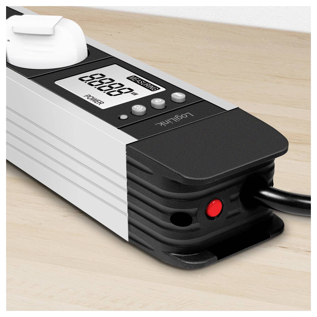 A digital timer power strip on a wooden surface, featuring an electronic display, several buttons, and a red power indicator.