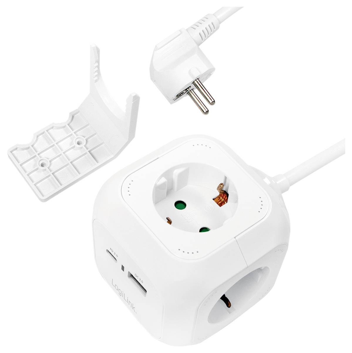 A white power cube with multiple plug sockets and USB ports, alongside a white plug and a detached bracket for wall mounting.