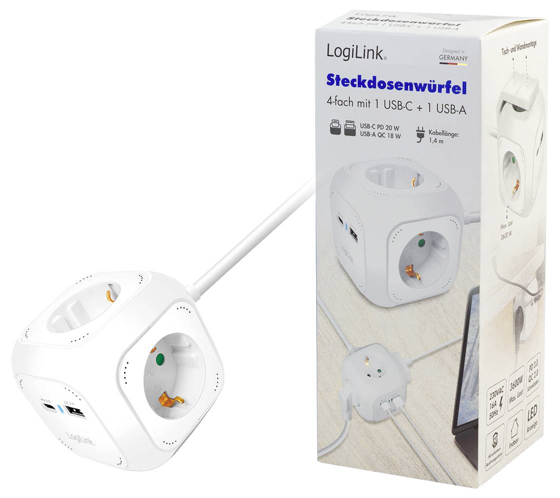 'LogiLink Steckdosenwürfel' power cube with 3 outlets and USB ports displayed next to its packaging box showing product features.