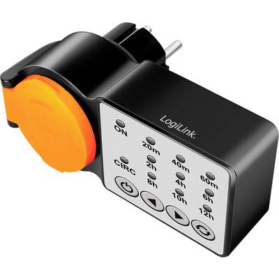 A digital timer switch with a black body, orange plug, and labeled buttons for time settings ranging from 20 minutes to 12 hours.