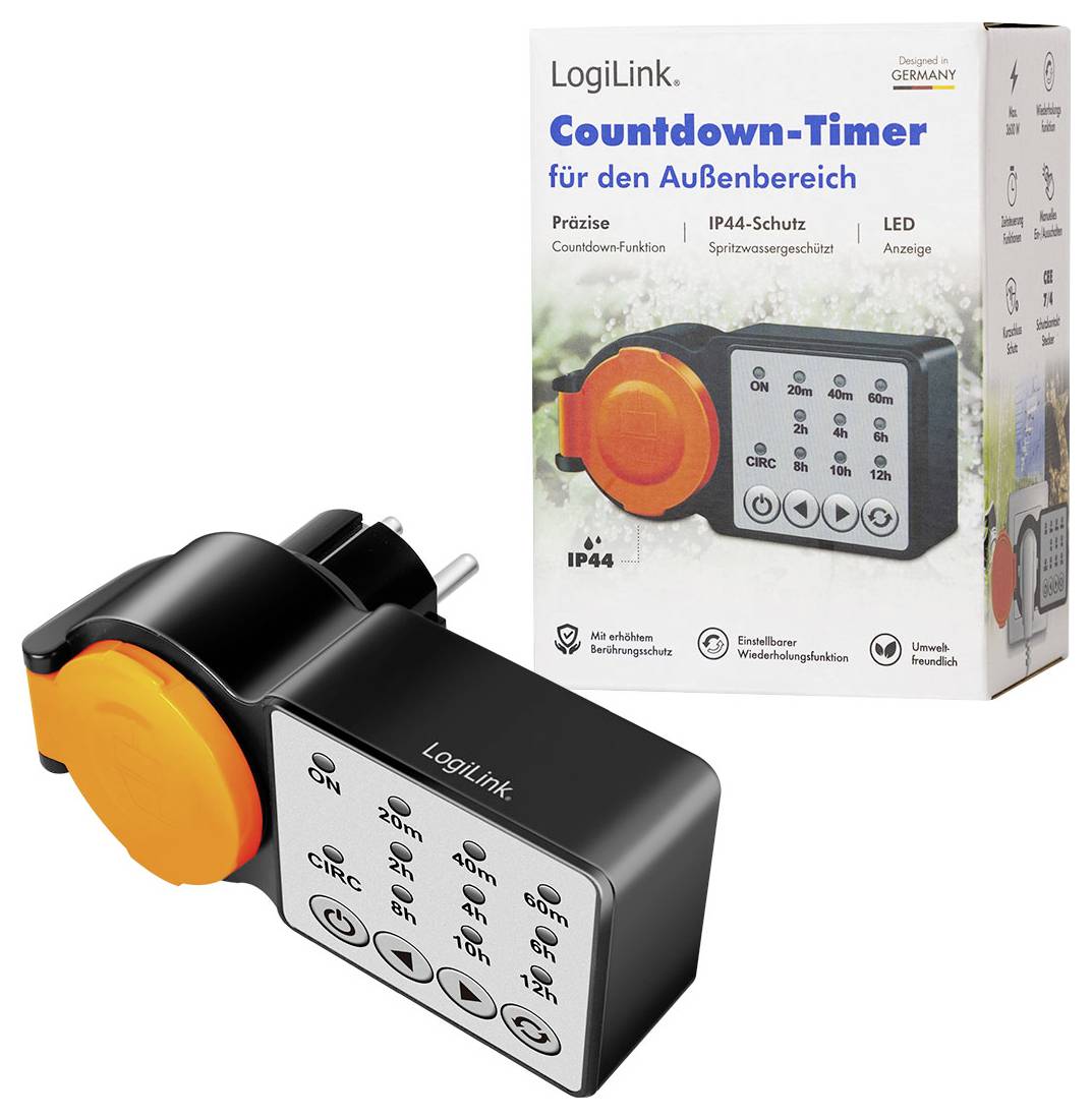 A black and orange LogiLink countdown timer with buttons for time settings sits beside its packaging box, which features similar product images.