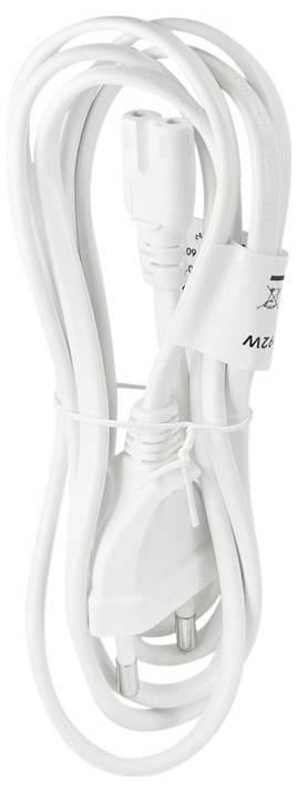 A coiled white electrical power cord with a European plug and socket, secured with a twist tie.