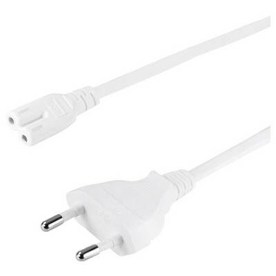 A white European two-prong power plug and cable, angled to show the plug's front and side, used for electrical connections.