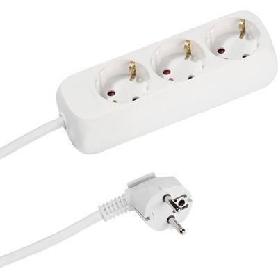 A white power strip with three sockets and an attached plug, used for expanding electrical outlet capacity.