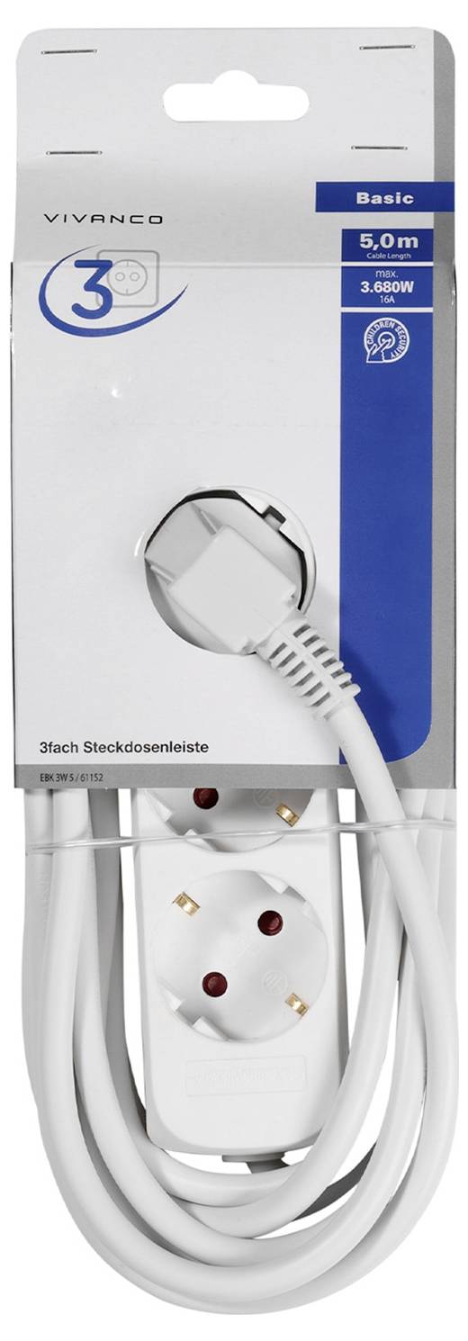 A package containing a white power strip with three outlets, labeled 'Vivanco Basic 5.0m 3.680W' on the front.