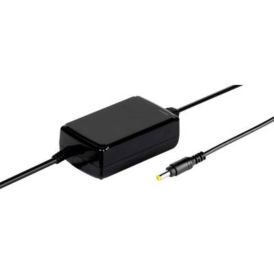 A black rectangular power adapter with a connected cable and a yellow-tipped connector, used for charging electronic devices.