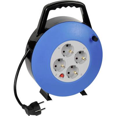 A blue electrical extension reel with four socket outlets and a plug. Includes a handle and appears suitable for indoor use.