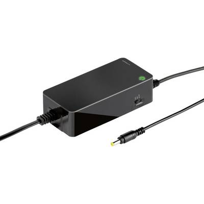 A black laptop charger with a power cord and connector plug, featuring a glowing green indicator light and a power switch on its side.