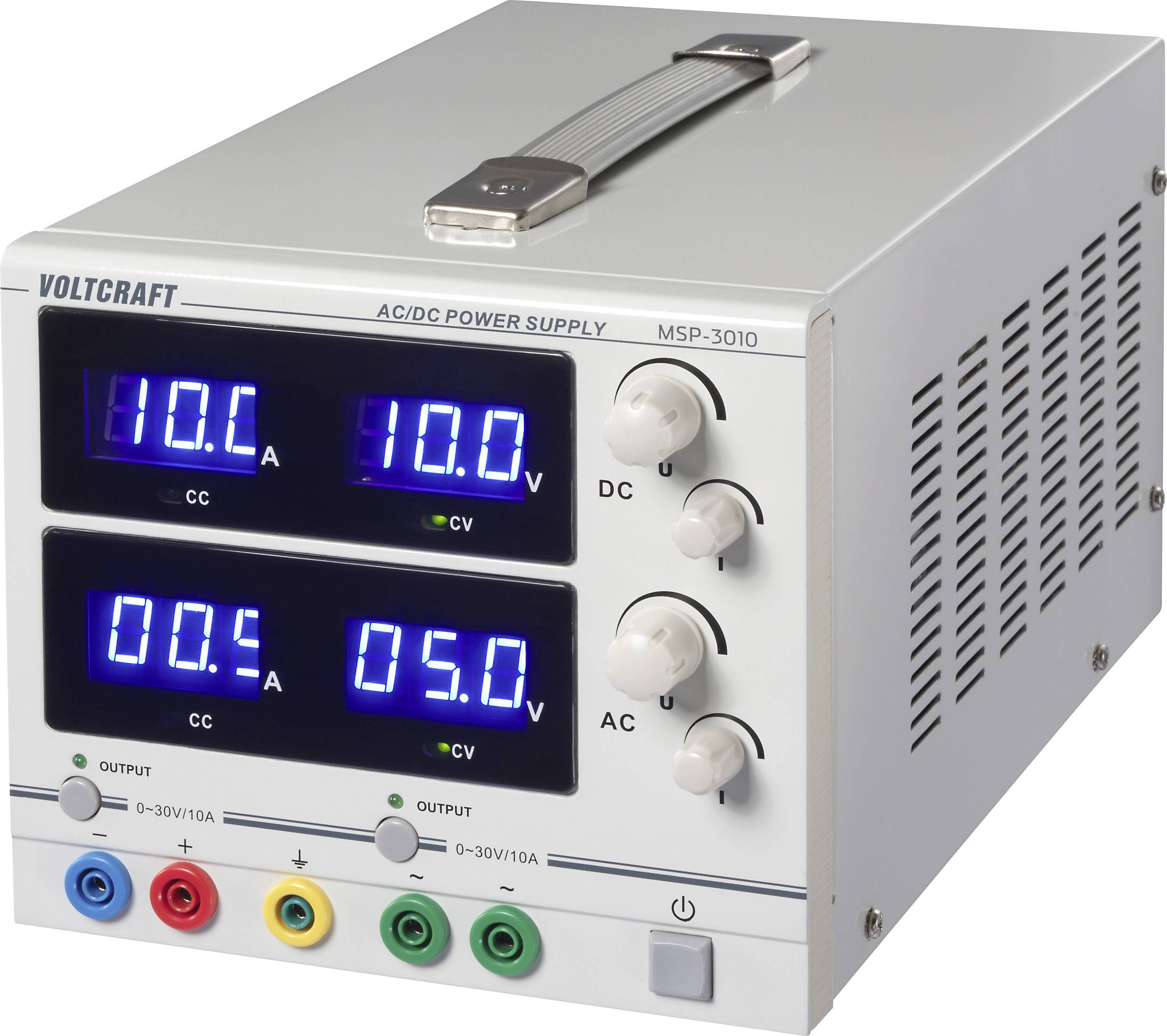 A dual-channel AC/DC power supply with digital displays showing outputs of 10 volts and 5 amps for both channels. Four control knobs included.