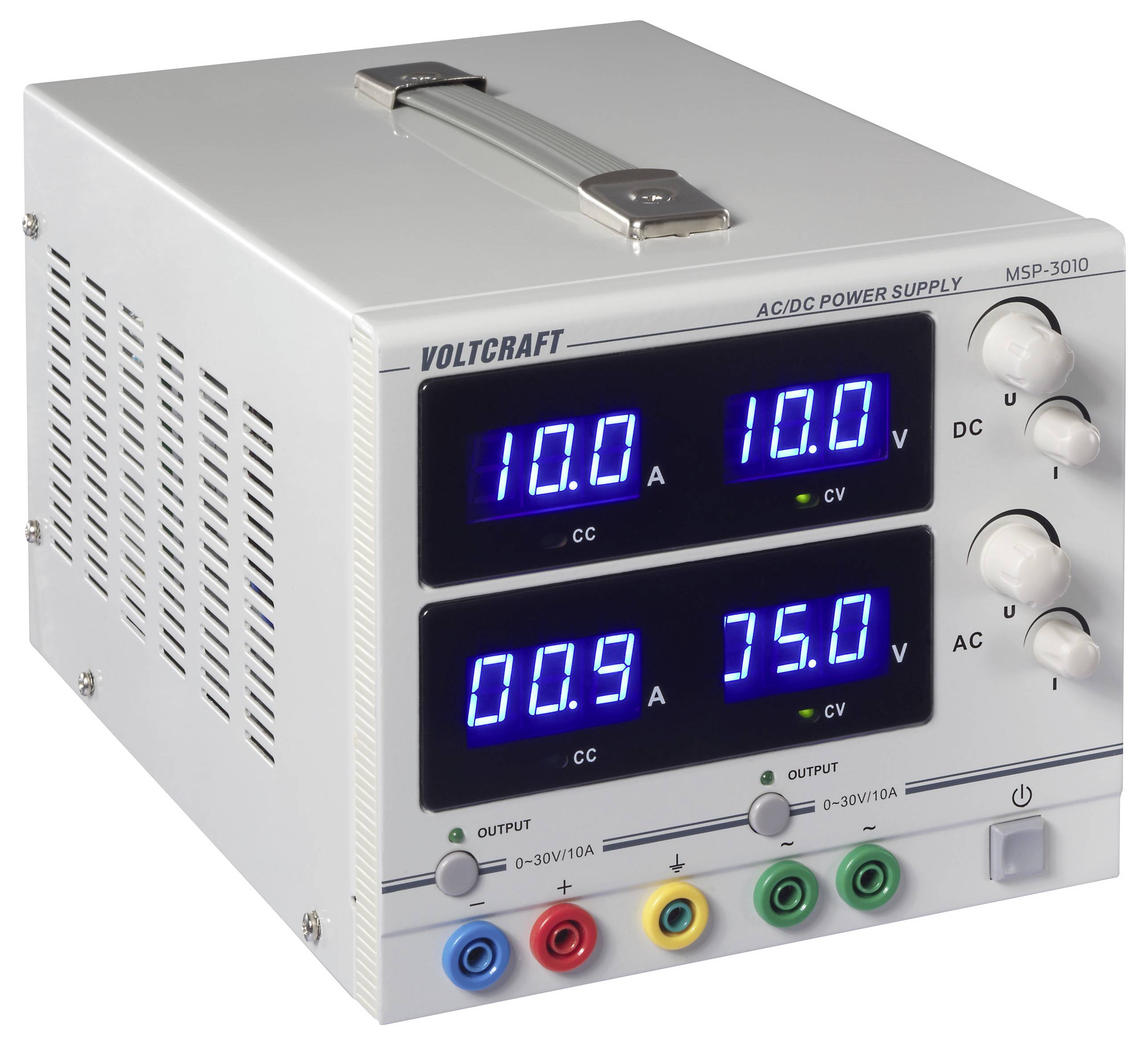 A digital voltmeter displaying values for voltage, current, and power. It shows '10.0 A' and '100 V' on two screens with various control knobs.