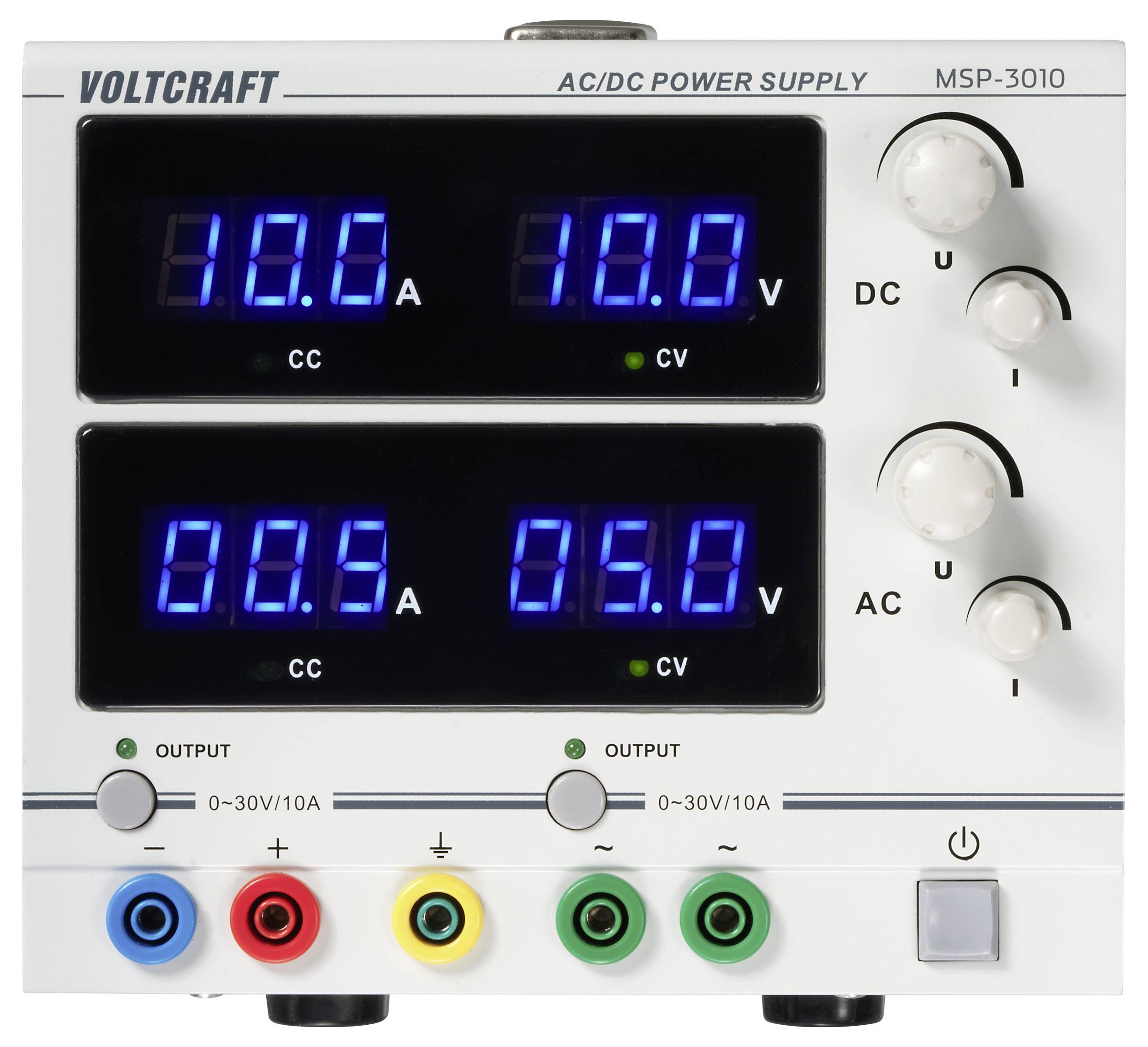 'A dual digital power supply with two displays showing 10.0 V, 0.0 A for the DC section, and 0.0 V, 0.0 A for the AC section. Knobs and LED indicators are present.'