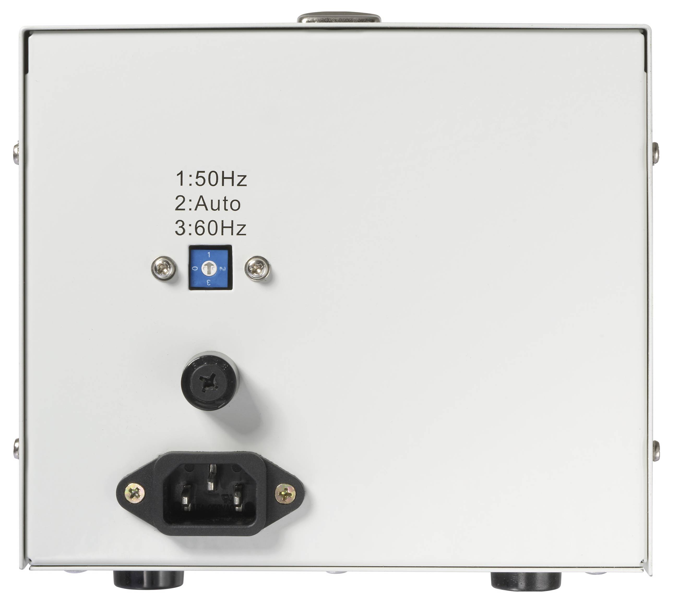 'Back of a white electronic device with a switch for 50Hz, Auto, and 60Hz settings, and a power socket at the bottom.'