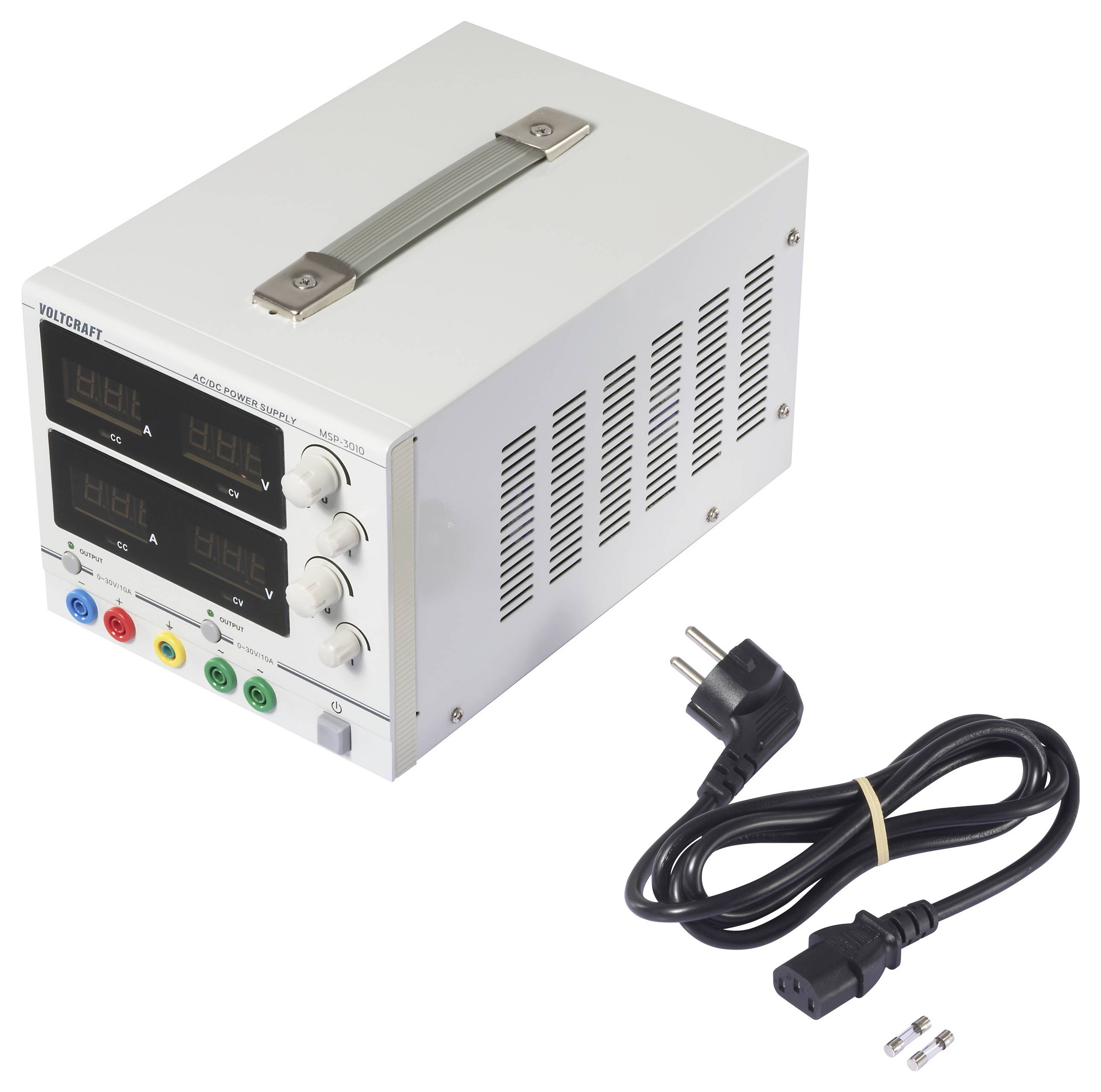 'Bench Power Supply with digital display, showing voltage and amperage outputs. Includes a power cord and extra fuse.'