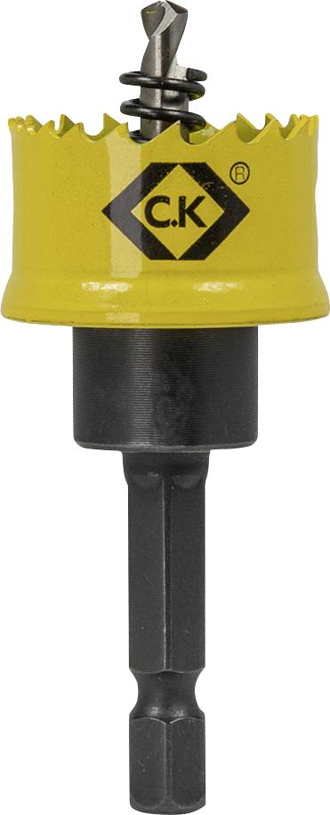 A yellow and black hole saw drill bit with sharp teeth, labeled 'C.K', designed for cutting circular holes in various materials.